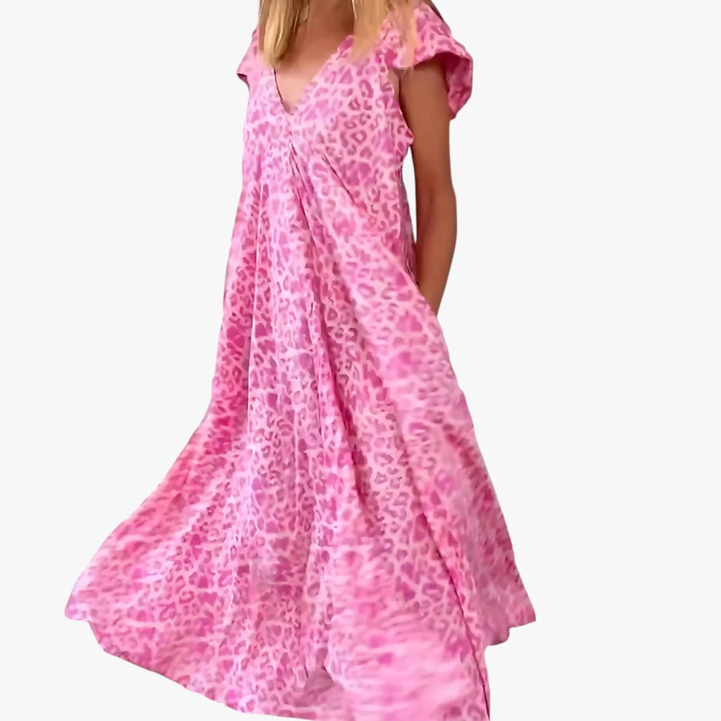 Dame Leopard Maxi Sommerkjole med V-hals