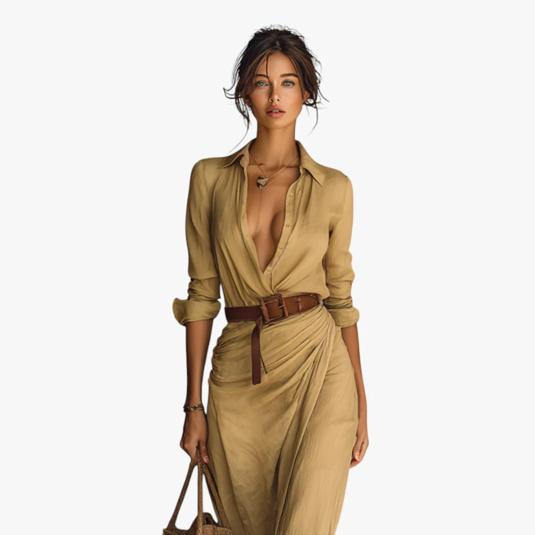 Dame Elegant Maxi Skjortekjole med Knapper og Lange Ærmer