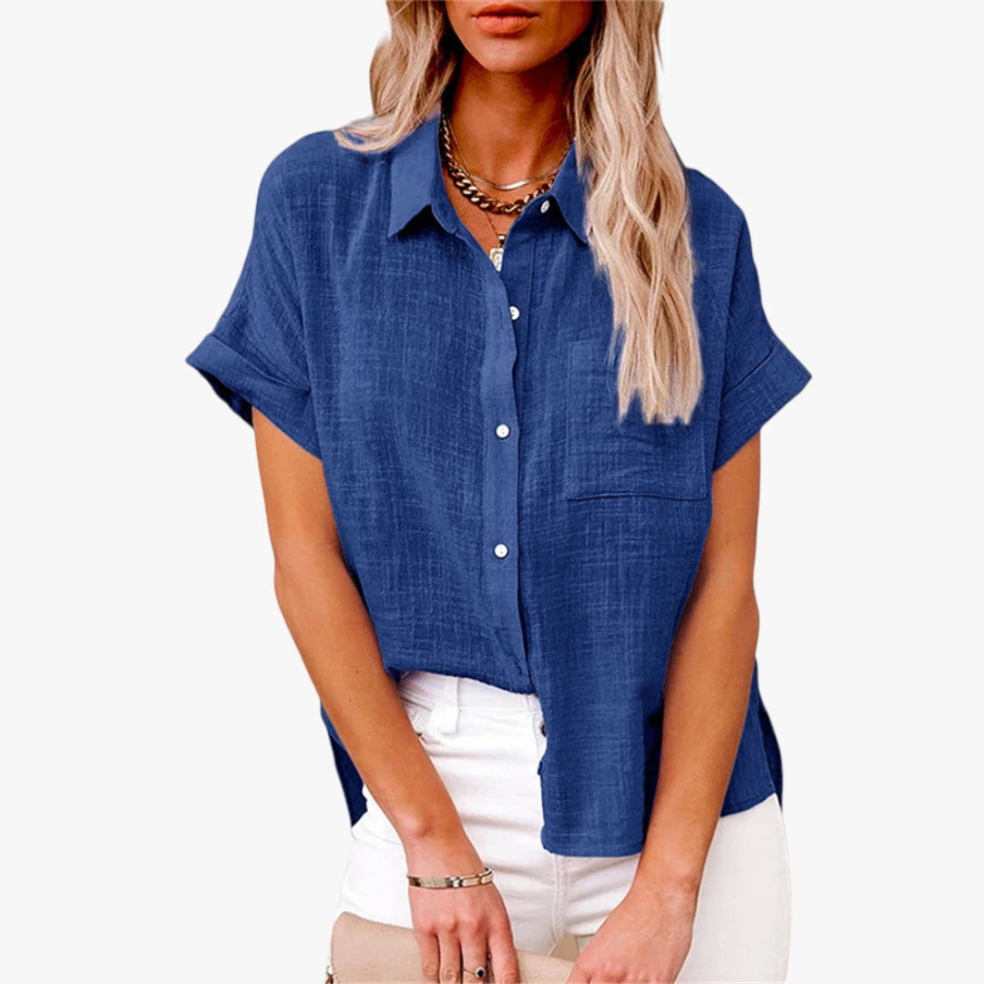 Dame Oversize Skjortebluse med Kortærmet og Knapper
