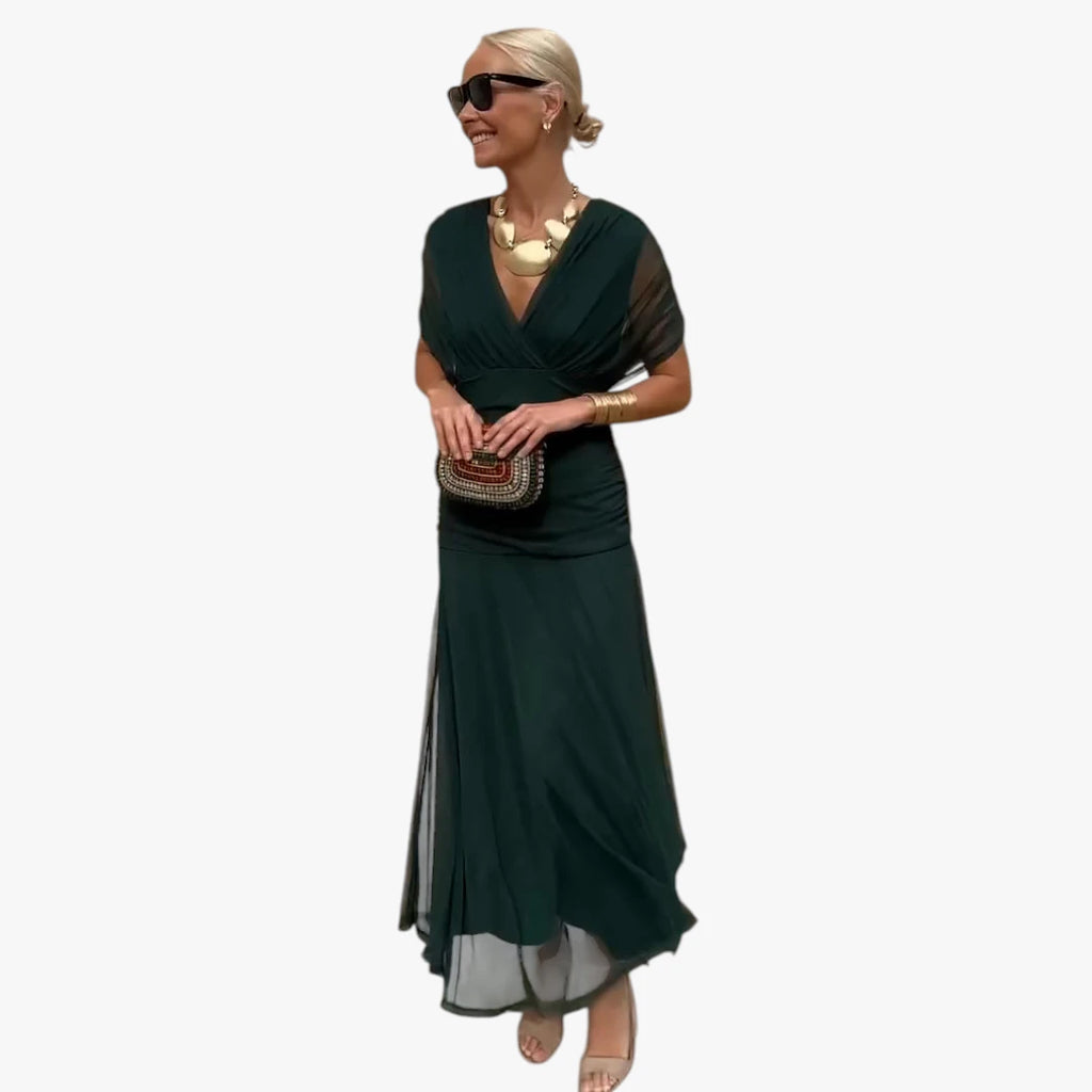 Dame Elegant Maxi Selskabskjole med Mesh og V-udskæring