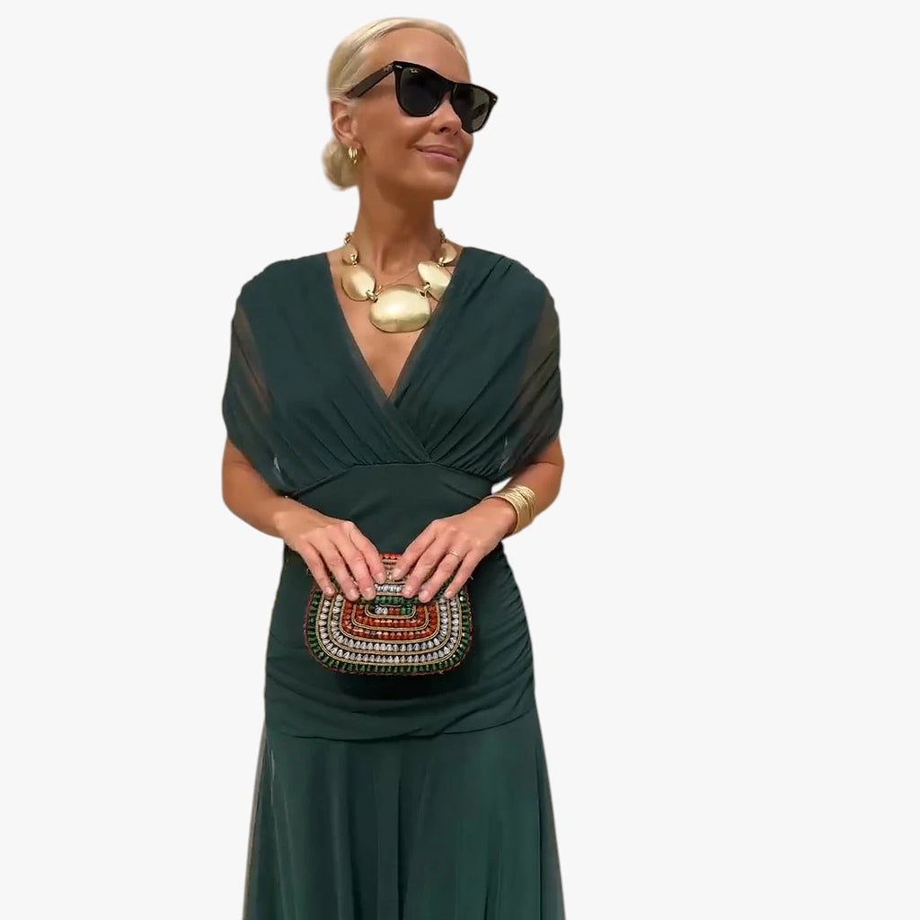 Dame Elegant Maxi Selskabskjole med Mesh og V-udskæring