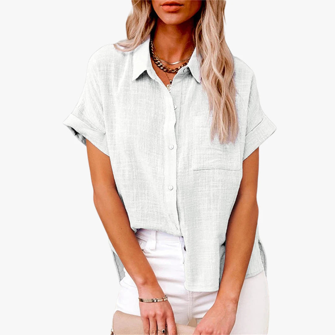Dame Oversize Skjortebluse med Kortærmet og Knapper