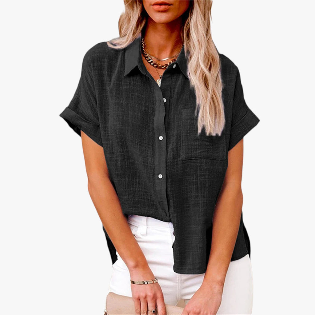 Dame Oversize Skjortebluse med Kortærmet og Knapper