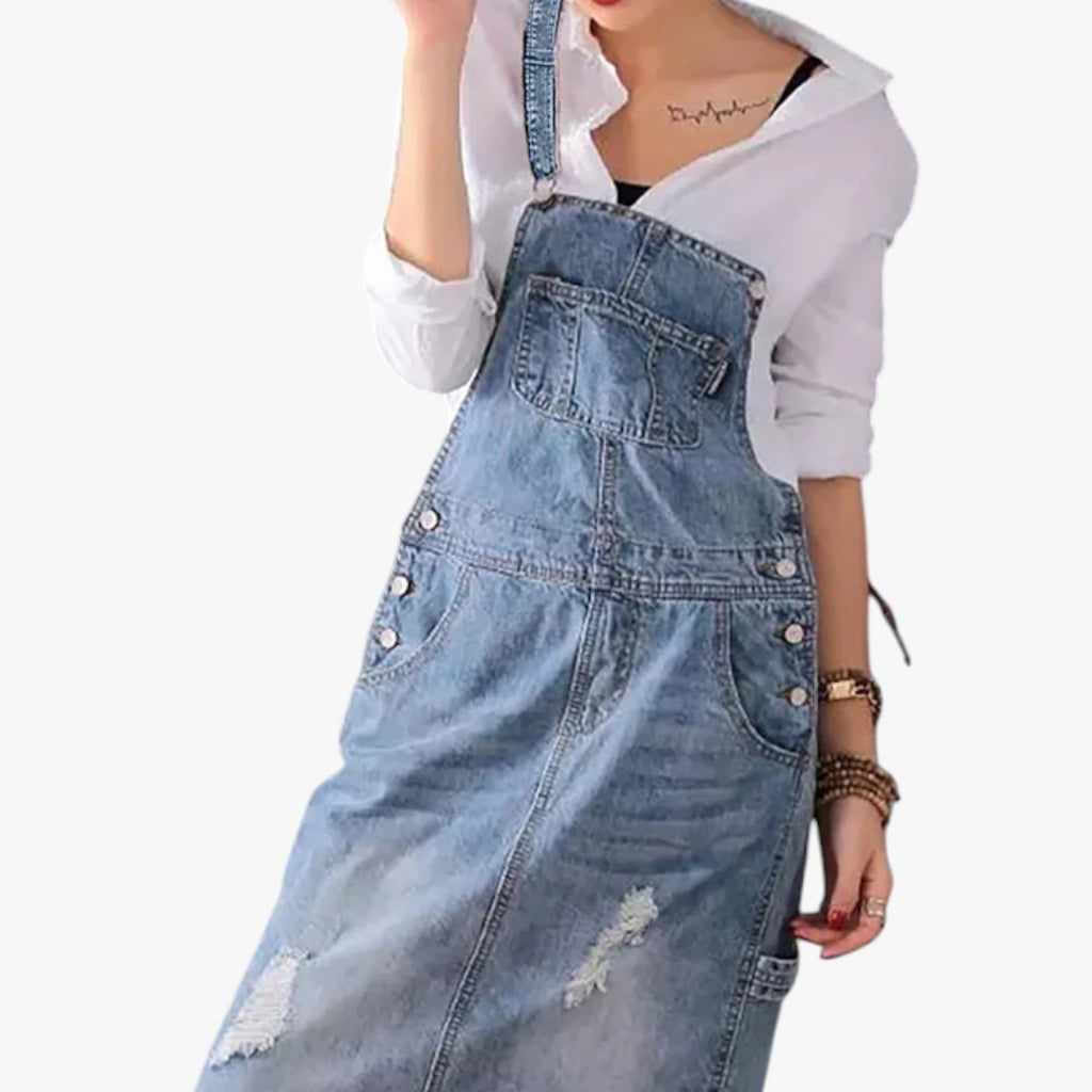 Dame Maxi Denimkjole med Åben Ryg og Lommer