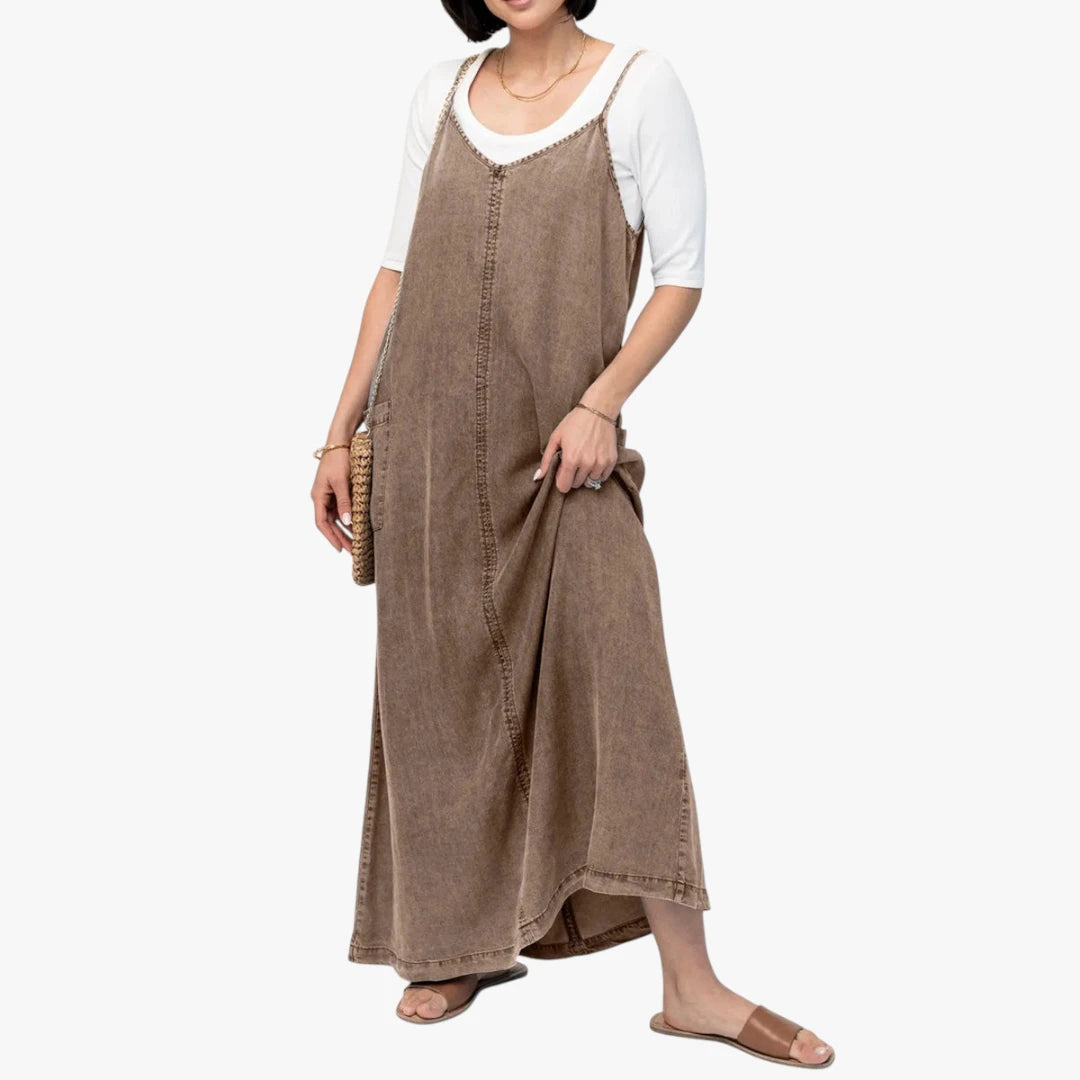 Dame Elegant Maxi Denimkjole med Strop og V-udskæring