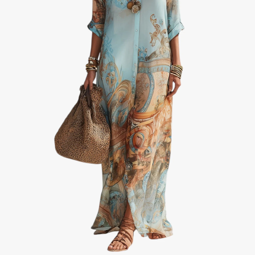 Dame Elegant Maxi Sommerkjole med Lange Ærmer