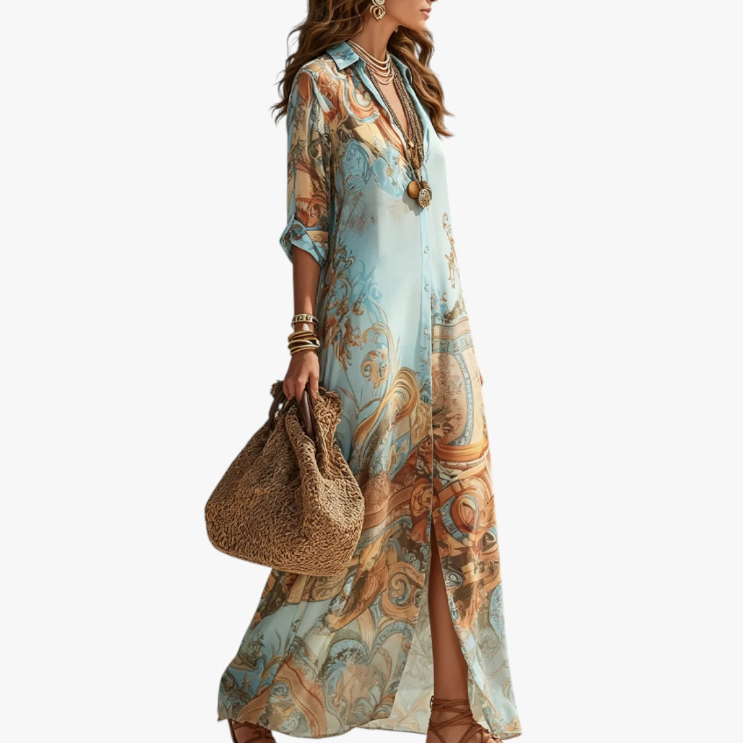 Dame Elegant Maxi Sommerkjole med Lange Ærmer