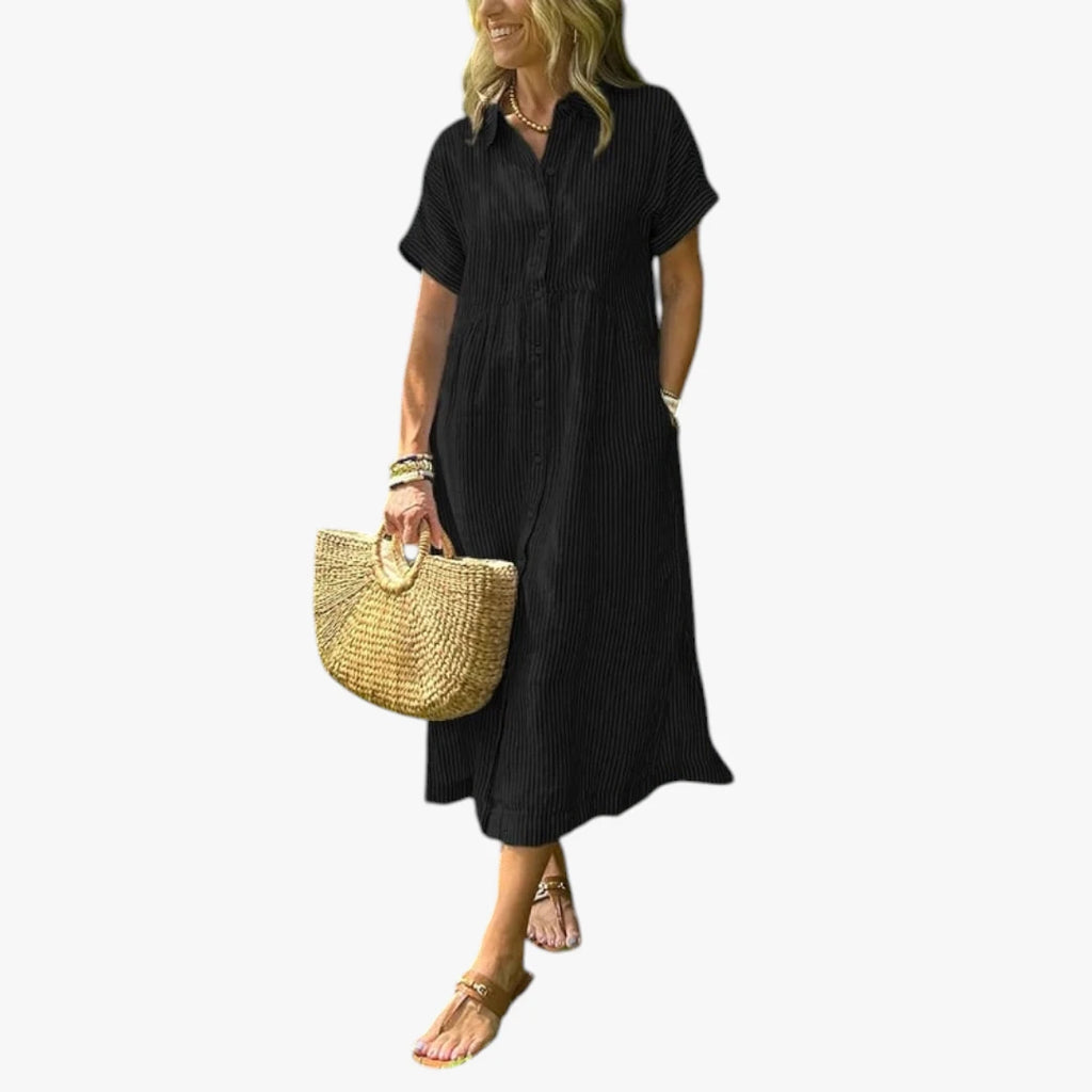 Dame Stribet Midi Sommerkjole med Knapper