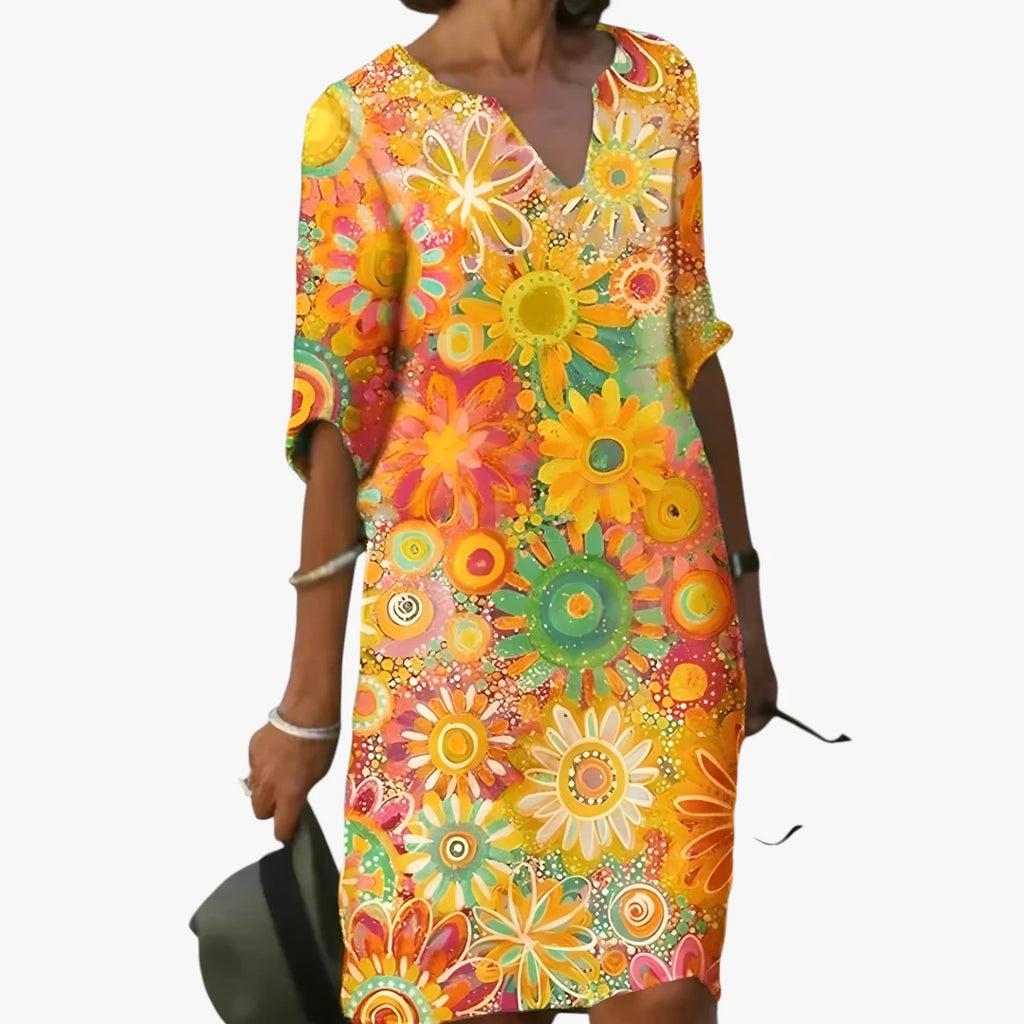 Dame Blomstret Midi Sommerkjole med Med Ærmer