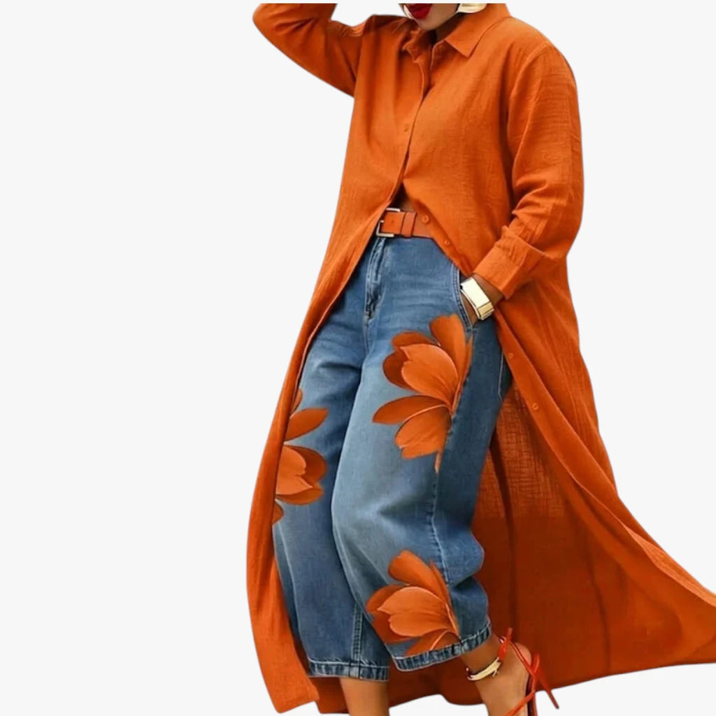 Dame Boho Maxi Skjortekjole med Blomstret Jeans