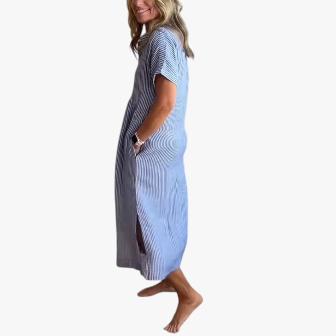 Dame Stribet Midi Sommerkjole med Knapper