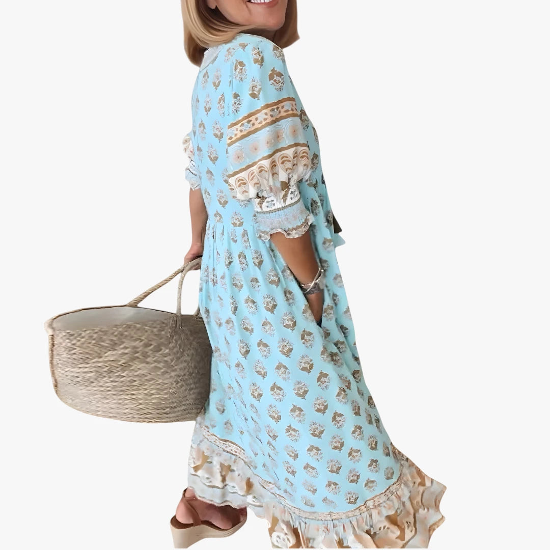 Dame Boho Midi Sommerkjole med V-udskæring