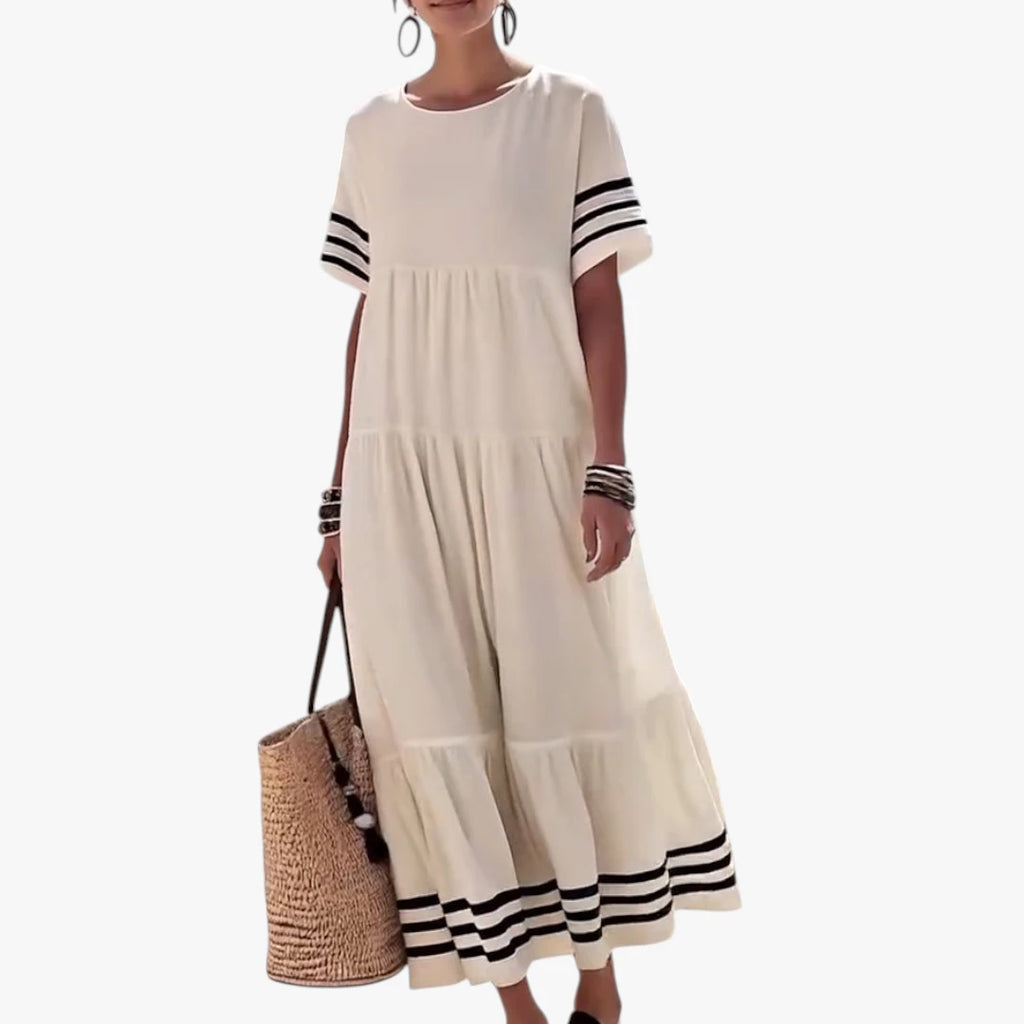 Dame Sommer Maxi Strandkjole med Striber og Korte Ærmer