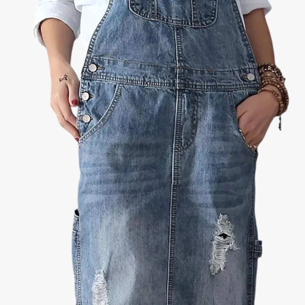 Dame Maxi Denimkjole med Åben Ryg og Lommer