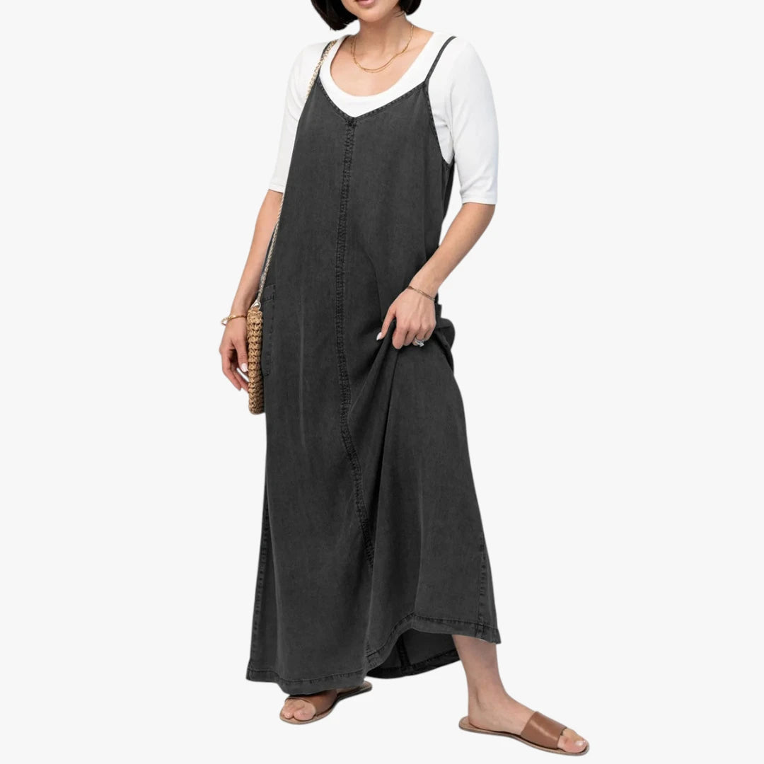 Dame Elegant Maxi Denimkjole med Strop og V-udskæring