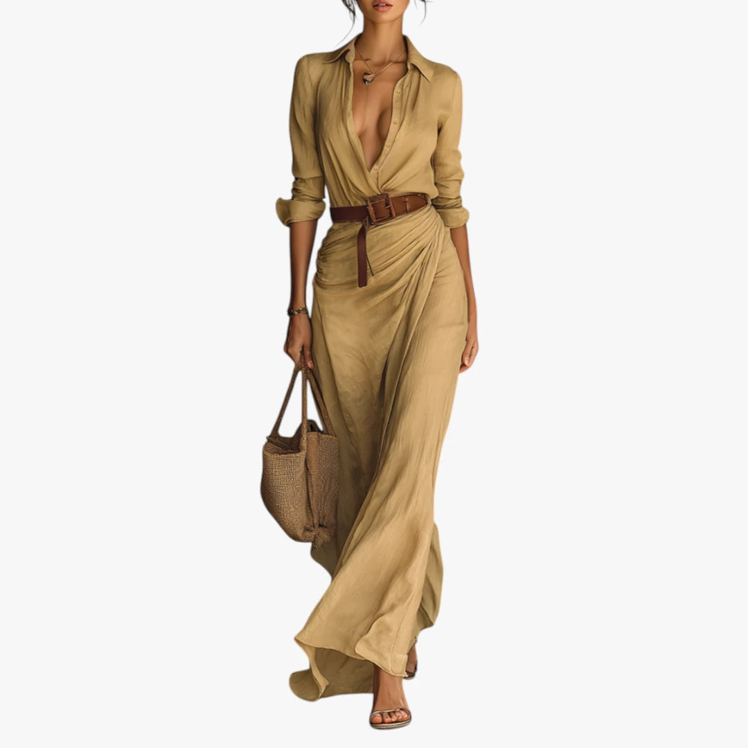 Dame Elegant Maxi Skjortekjole med Knapper og Lange Ærmer
