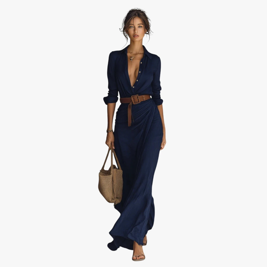 Dame Elegant Maxi Skjortekjole med Knapper og Lange Ærmer