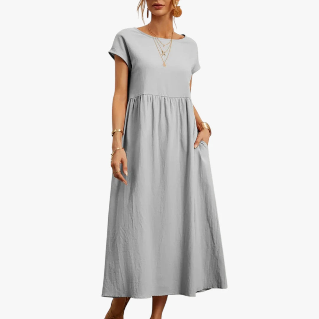 Dame Elegant Maxi Sommerkjole med Lommer og Rund Hals