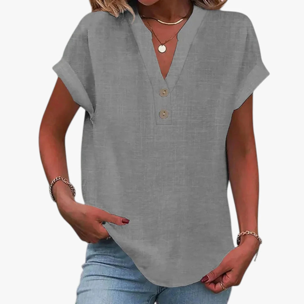 Dame Kortærmet Sommerbluse med V-udskæring og Knapper