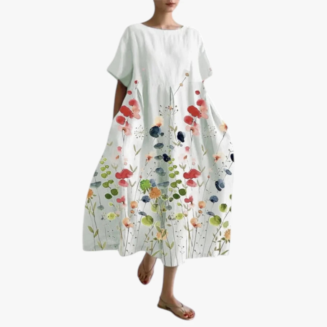 Dame Blomstret Midi Sommerkjole med Oversize Pasform og Rund Hals