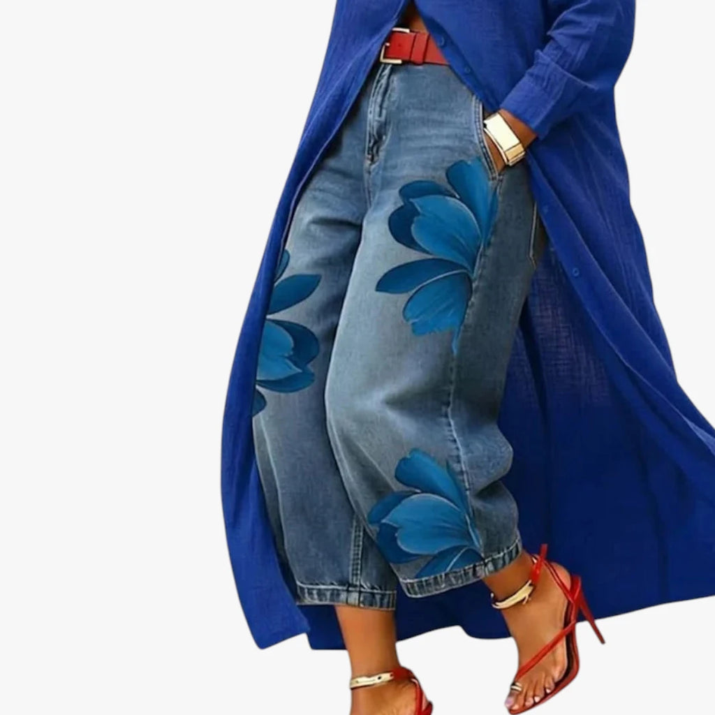 Dame Boho Maxi Skjortekjole med Blomstret Jeans