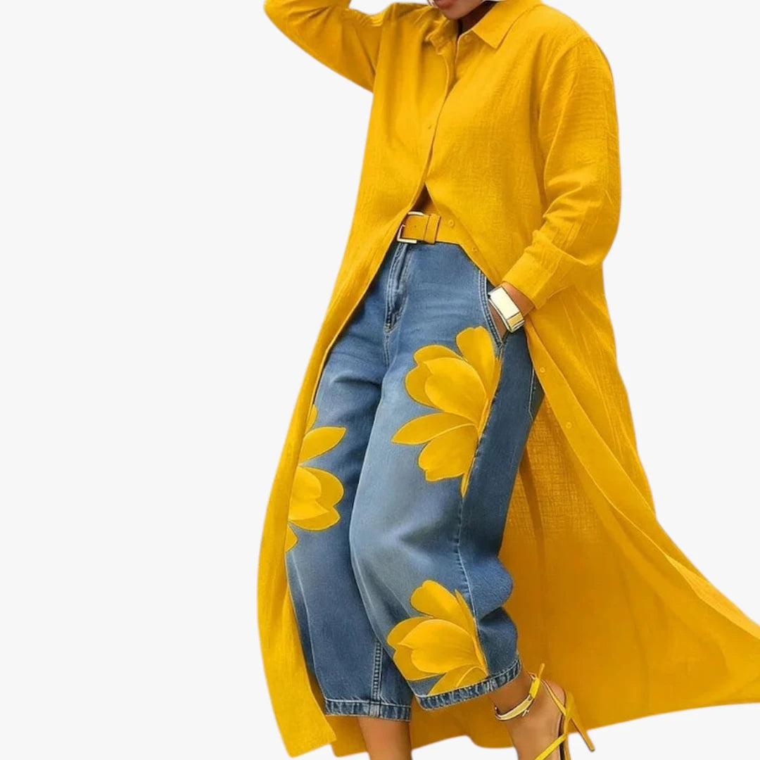Dame Boho Maxi Skjortekjole med Blomstret Jeans