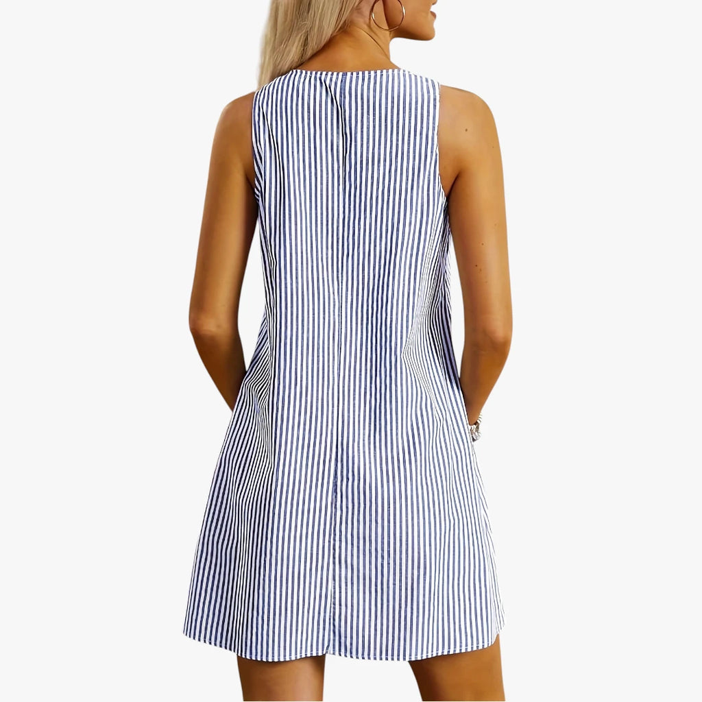 Dame Stribet Mini Sommerkjole med Knapper og Lommer