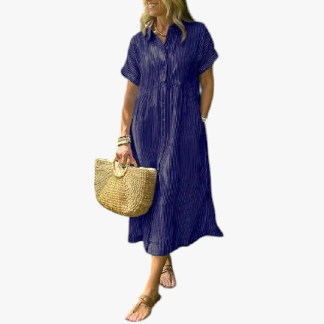 Dame Stribet Midi Sommerkjole med Knapper