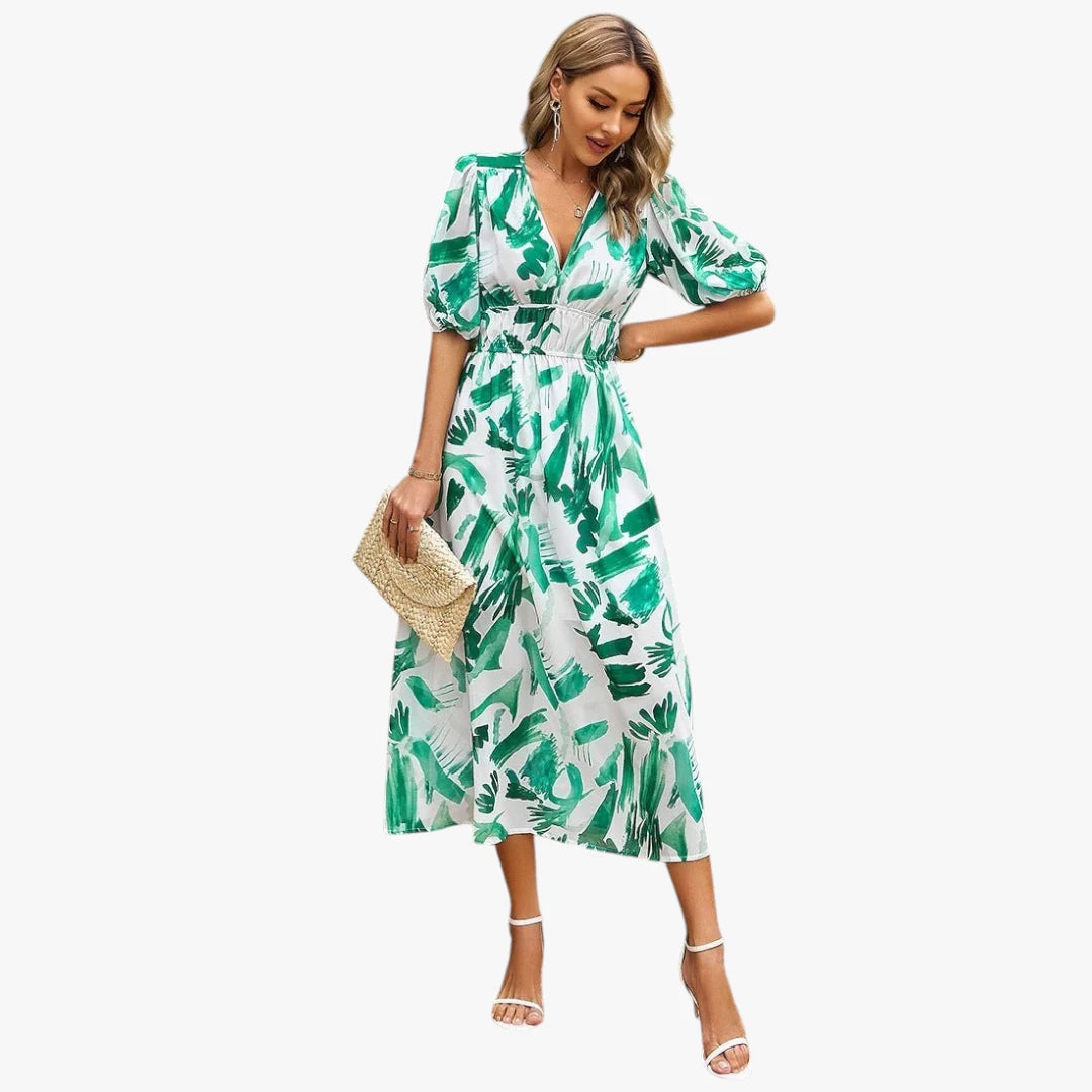 Dame Elegant Midi Sommerkjole med Pufærmer og Blomstret