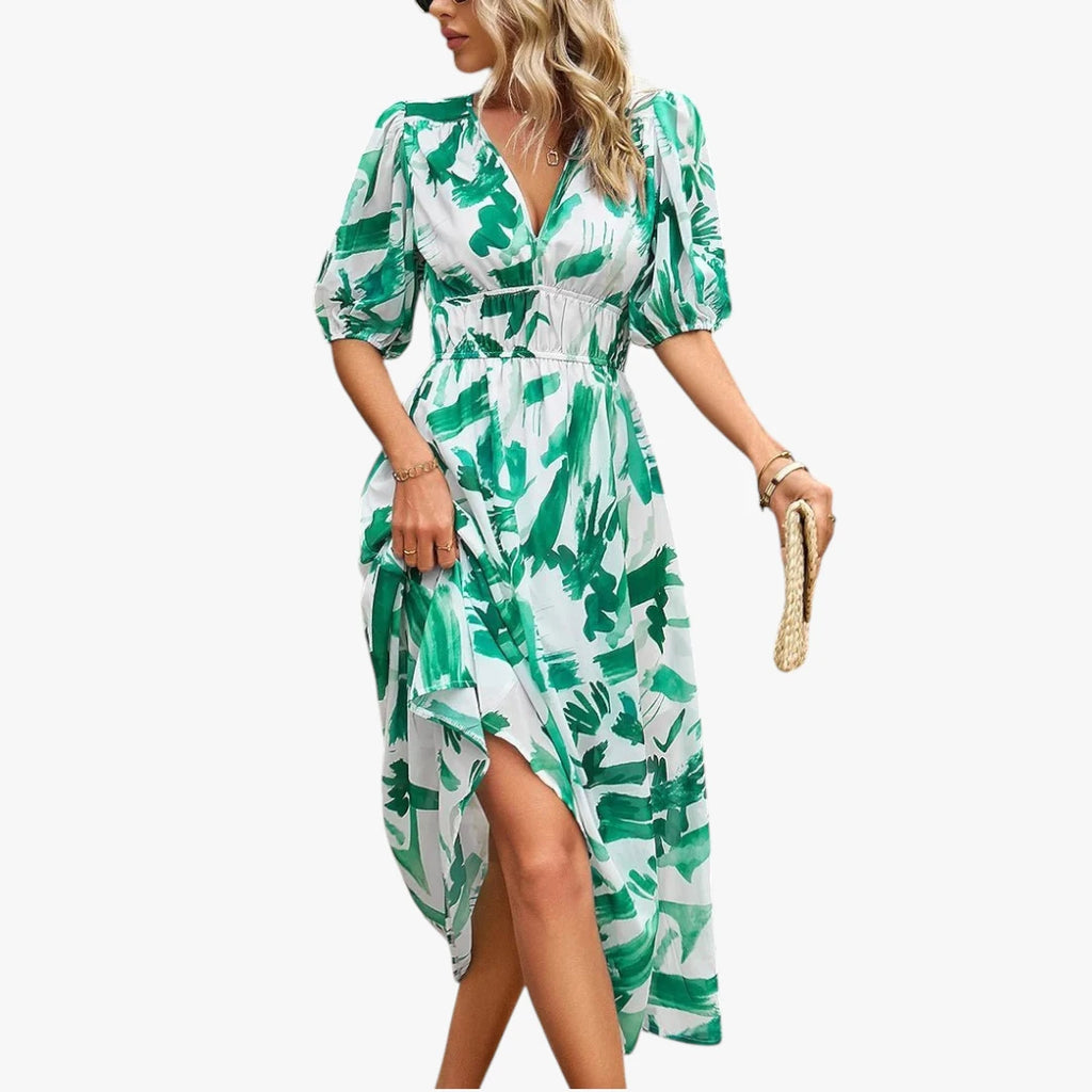 Dame Elegant Midi Sommerkjole med Pufærmer og Blomstret