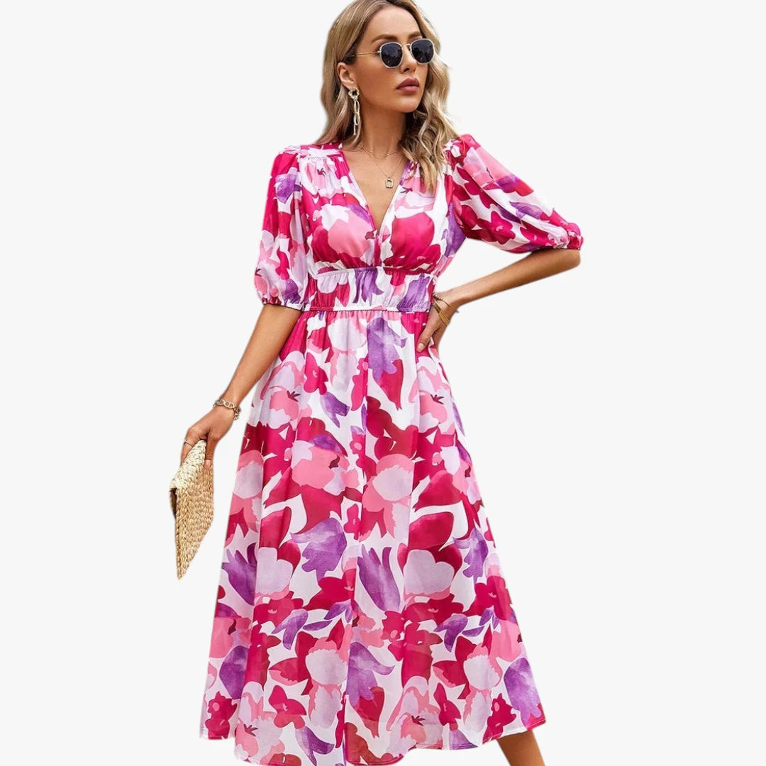 Dame Elegant Midi Sommerkjole med Pufærmer og Blomstret