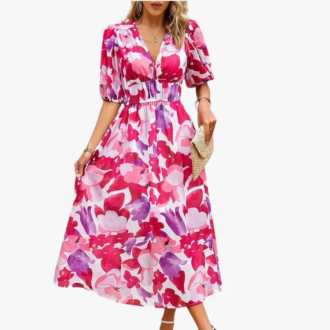 Dame Elegant Midi Sommerkjole med Pufærmer og Blomstret