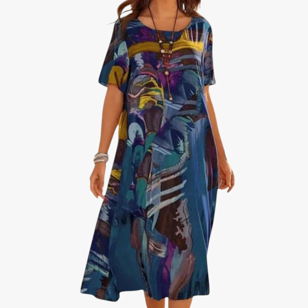Dame Elegant Midi Kjole med Blomstret Print og Korte Ærmer