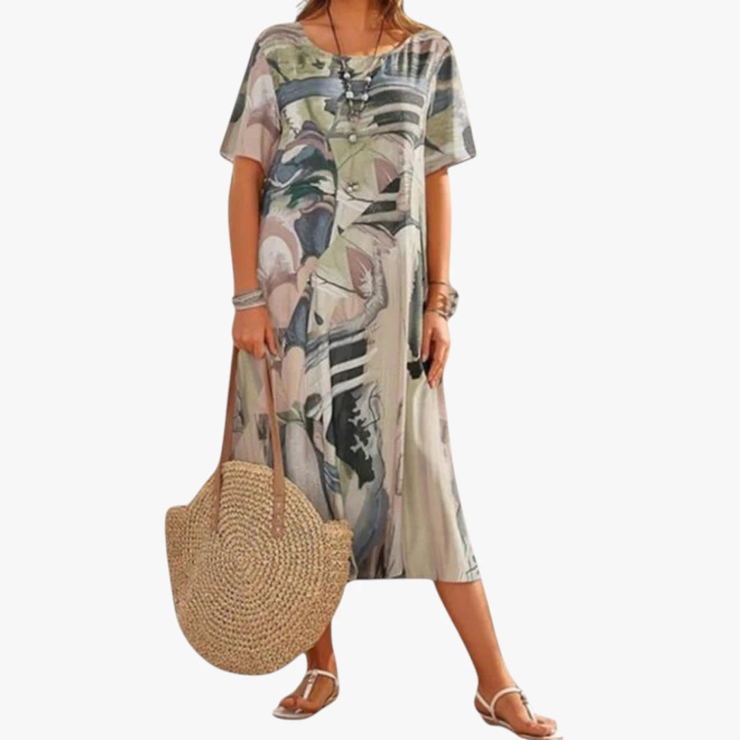 Dame Elegant Midi Kjole med Blomstret Print og Korte Ærmer