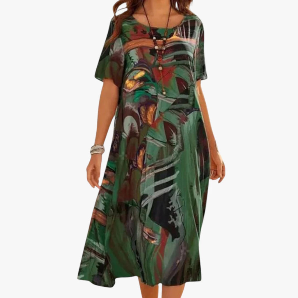 Dame Elegant Midi Kjole med Blomstret Print og Korte Ærmer