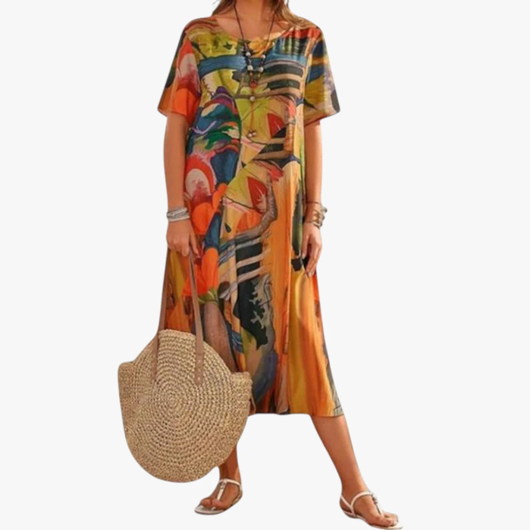 Dame Elegant Midi Kjole med Blomstret Print og Korte Ærmer