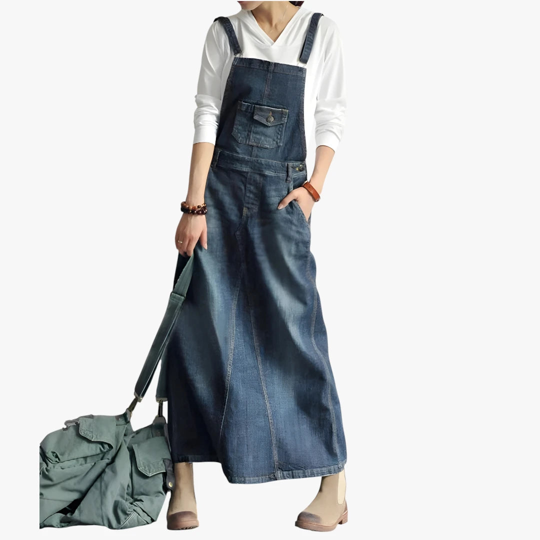 Dame Vintage Maxi Denimkjole med Åben Ryg og Lommer