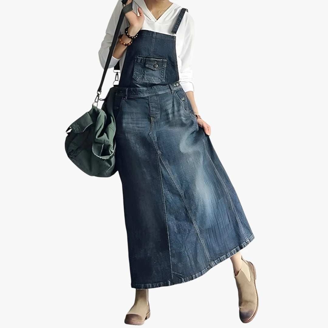 Dame Vintage Maxi Denimkjole med Åben Ryg og Lommer