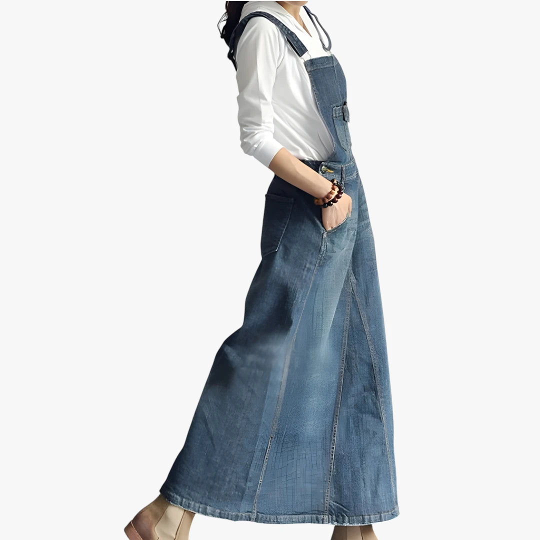 Dame Vintage Maxi Denimkjole med Åben Ryg og Lommer