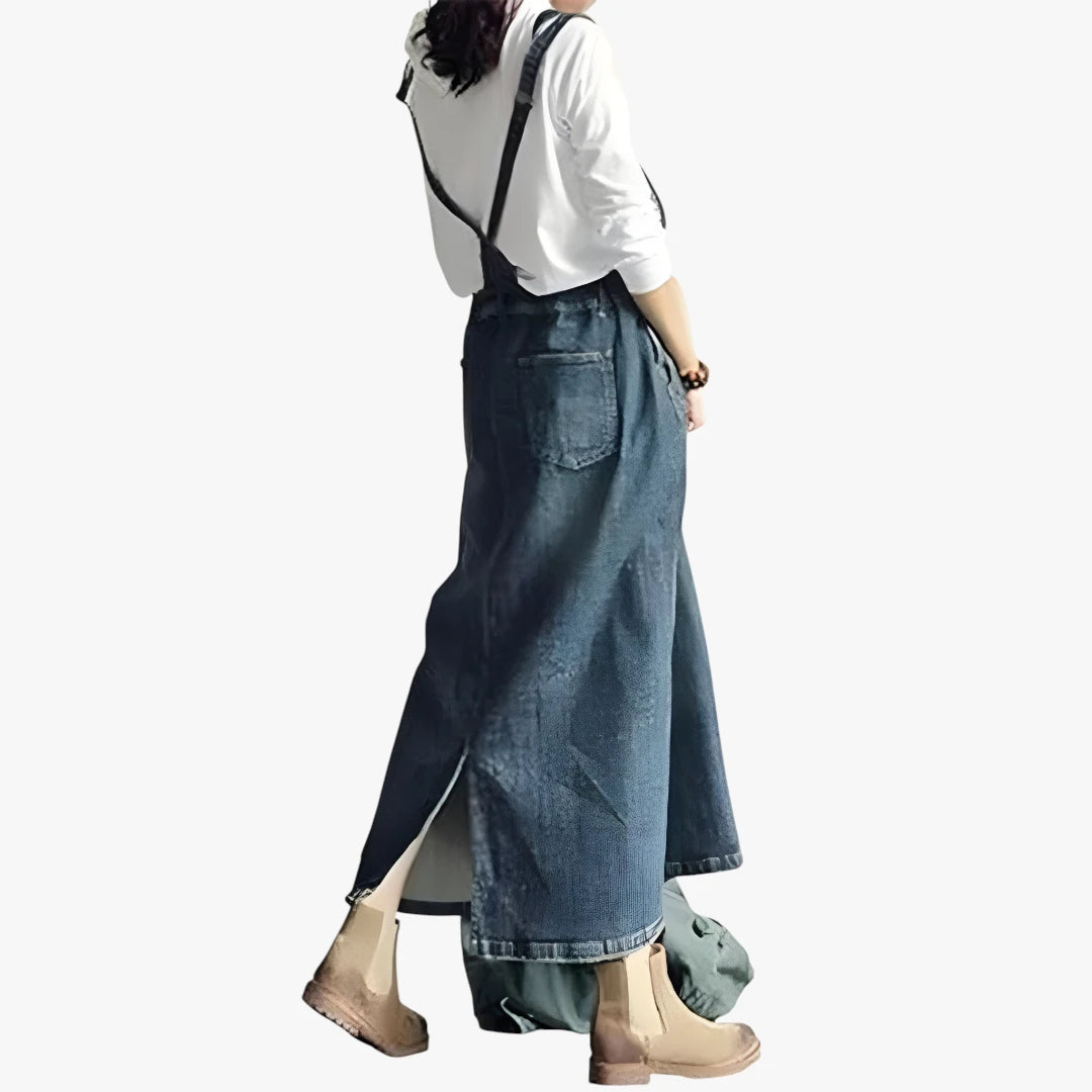 Dame Vintage Maxi Denimkjole med Åben Ryg og Lommer