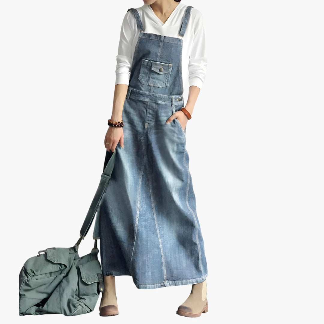 Dame Vintage Maxi Denimkjole med Åben Ryg og Lommer