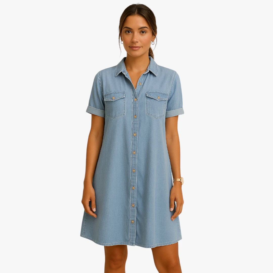 Dame Elegant Mini Denimkjole med Knapper og Lommer