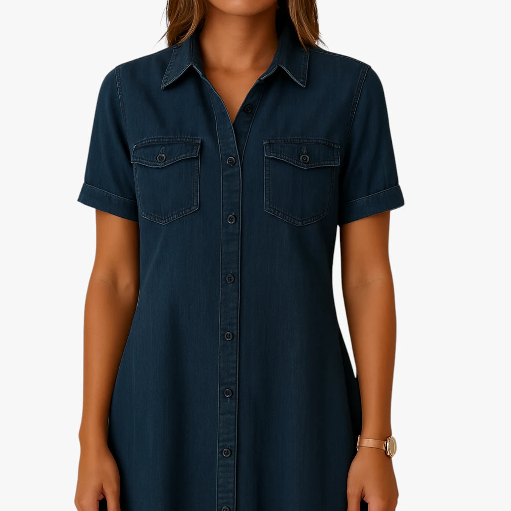 Dame Elegant Mini Denimkjole med Knapper og Lommer