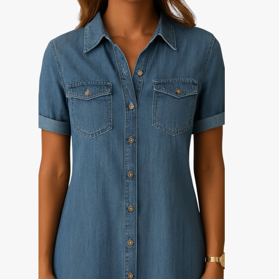 Dame Elegant Mini Denimkjole med Knapper og Lommer
