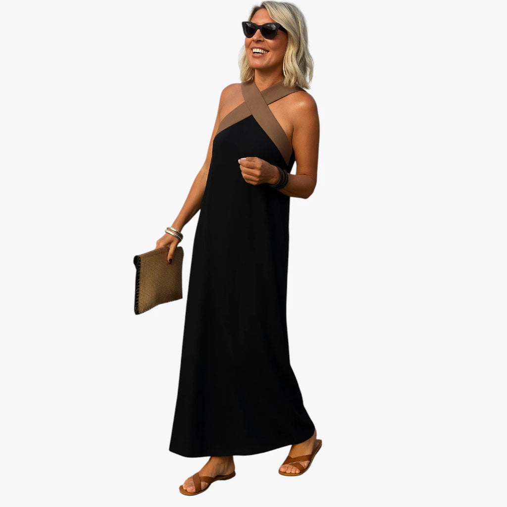Dame Elegant Maxi Sommerkjole med Halterneck og Åben Ryg