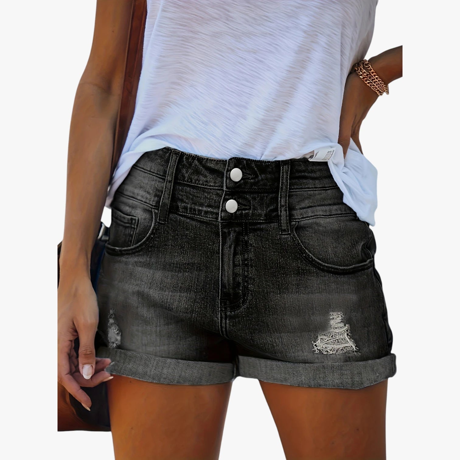 Dame Afslappede Denim Shorts med Lommer og Knapper