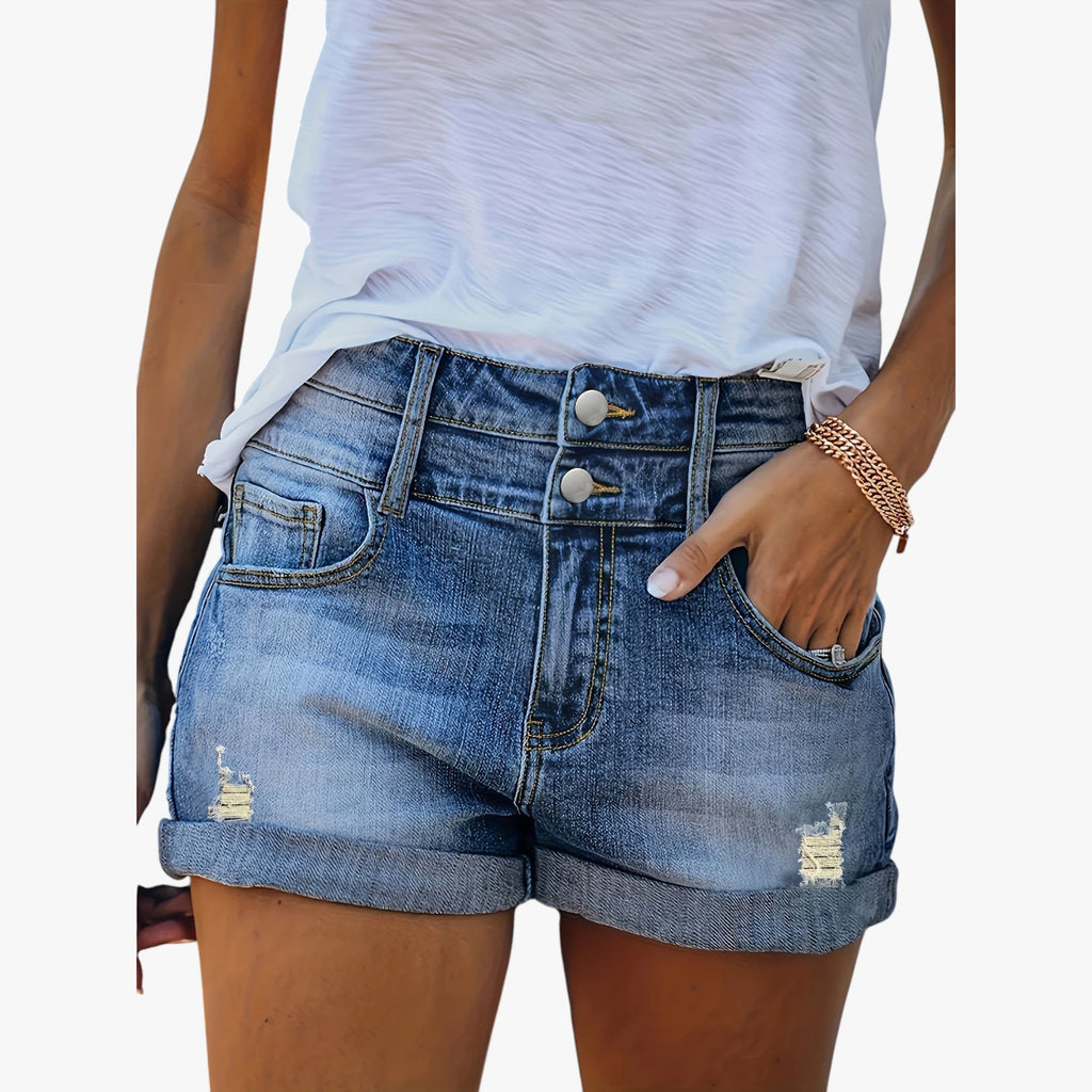 Dame Afslappede Denim Shorts med Lommer og Knapper