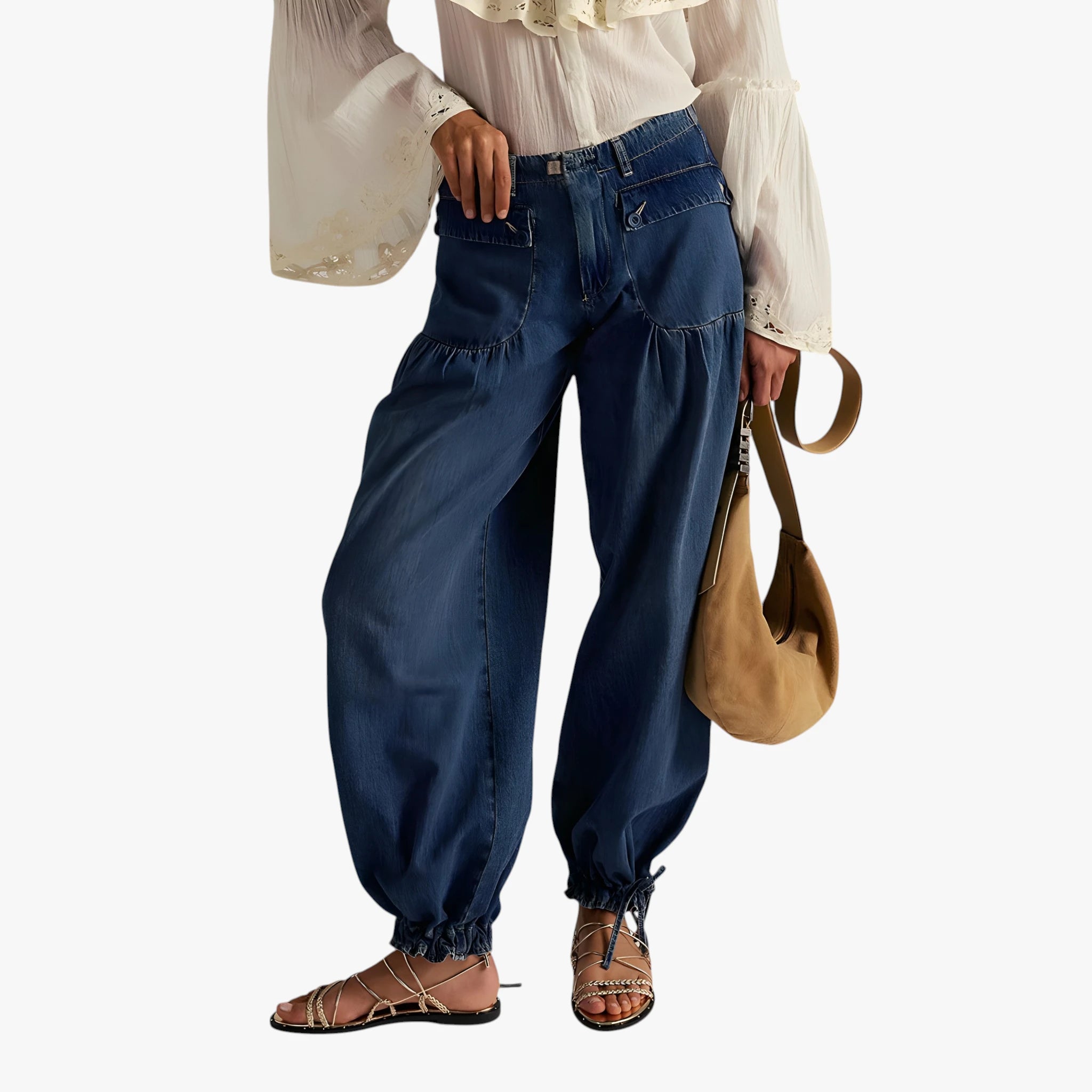 Dame Baggy Jeans med Bindebånd og Vidde