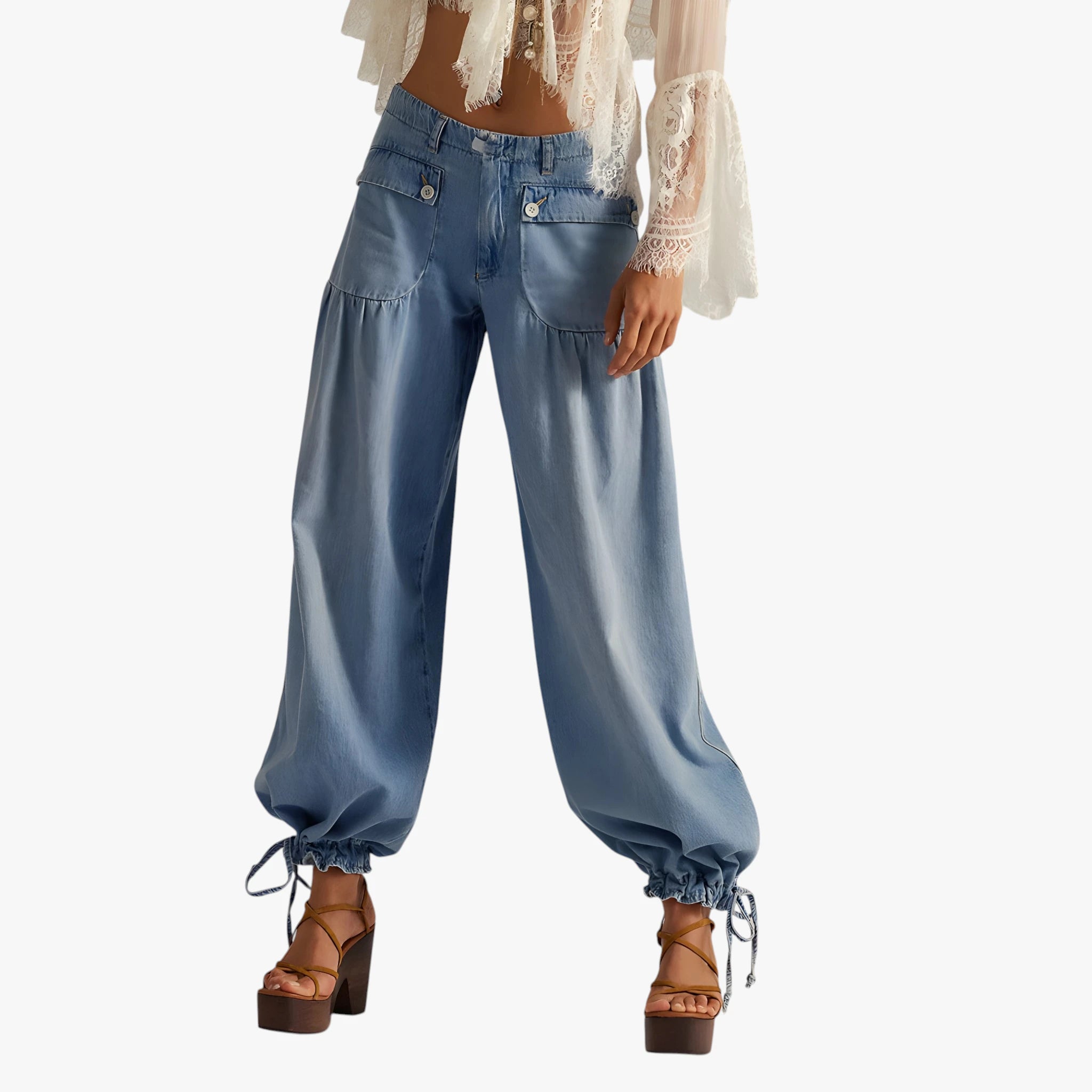 Dame Baggy Jeans med Bindebånd og Vidde