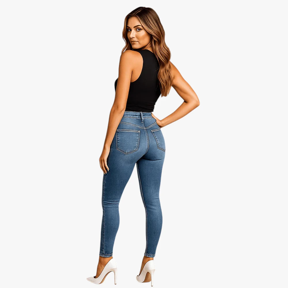Dame Blå Jeans med Elastik i Taljen og Lommer